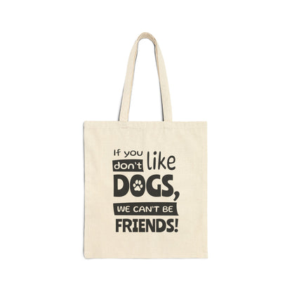 Beige tote bag with black text on a white background