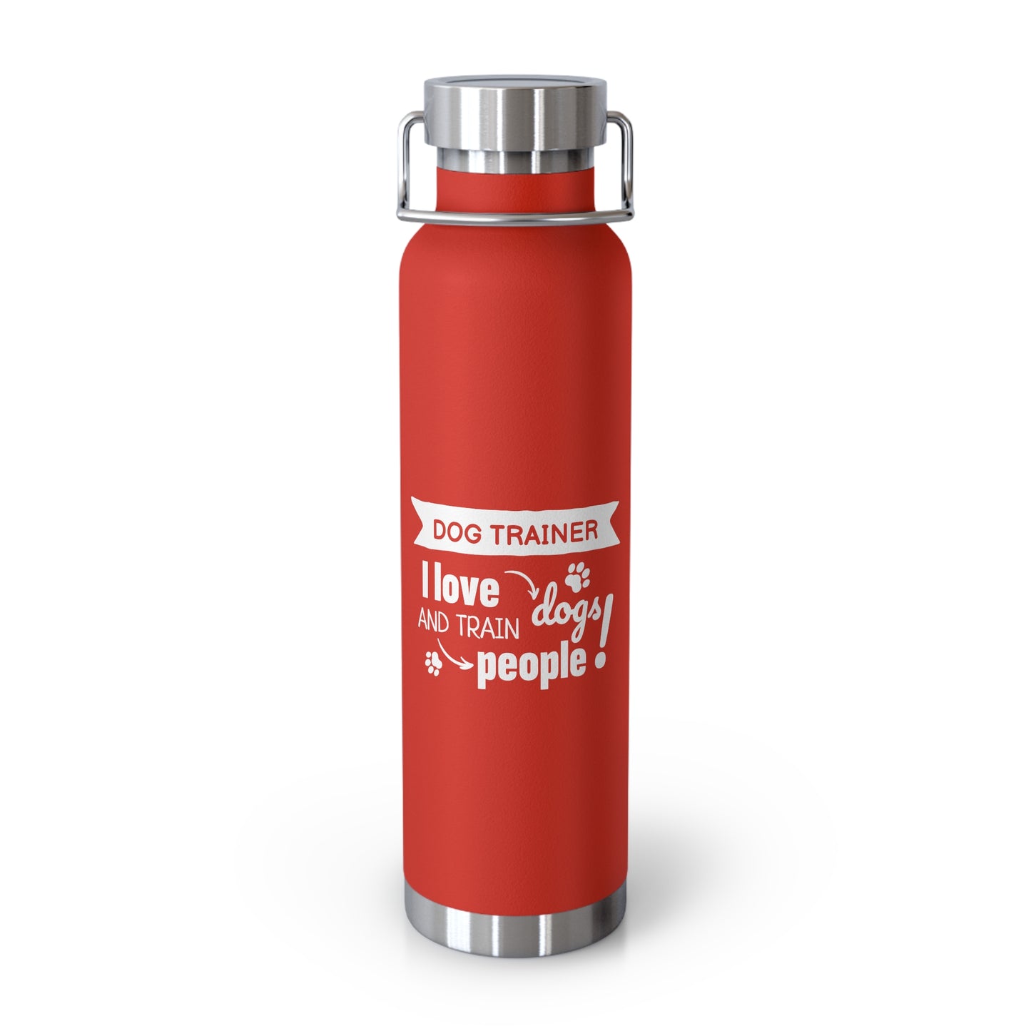 Red water bottle with white text on a white background