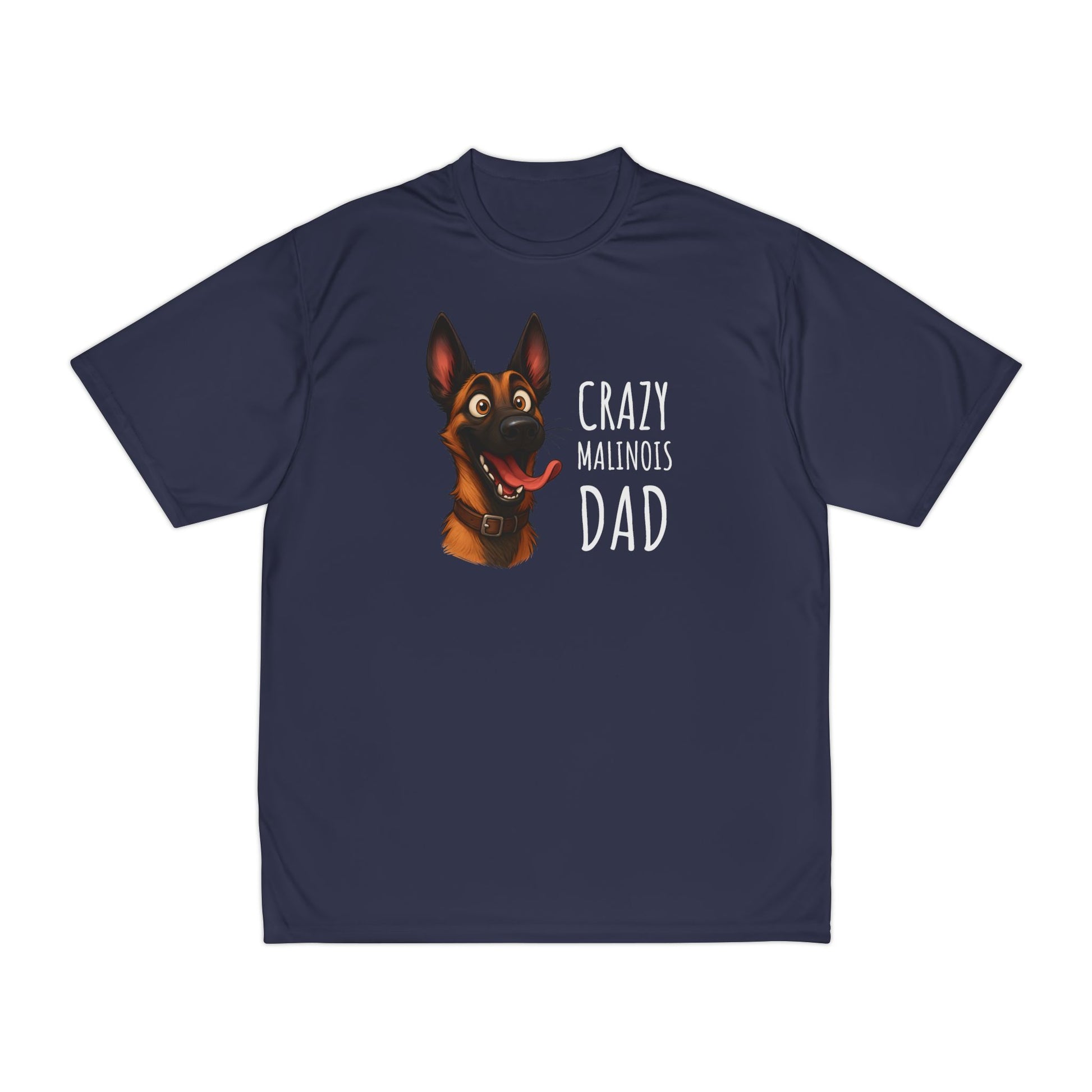 Navy blue t-shirt with a dog graphic and text on a white background