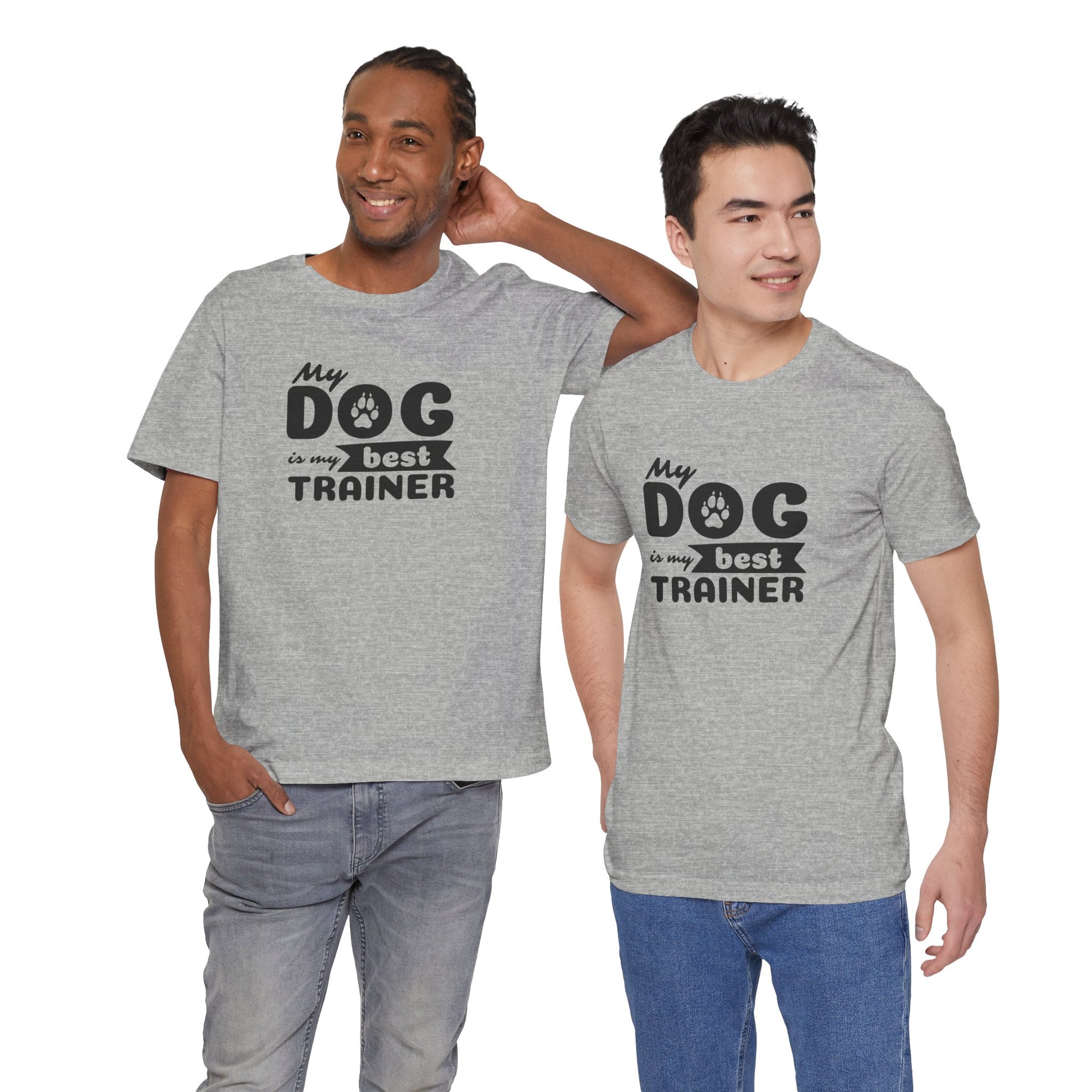 Two men wearing gray t-shirts with 'My dog is my best trainer' text on a white background