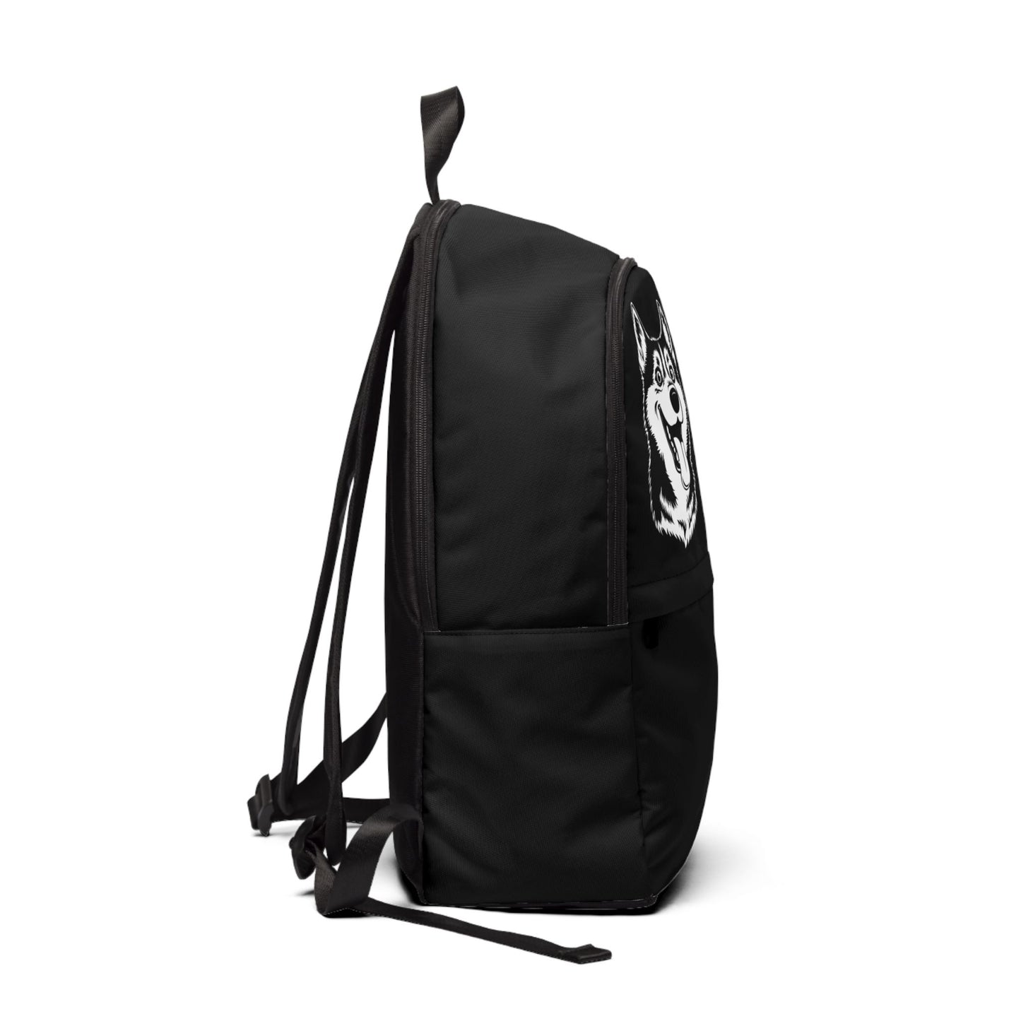 Black backpack with a logo on the side against a white background
