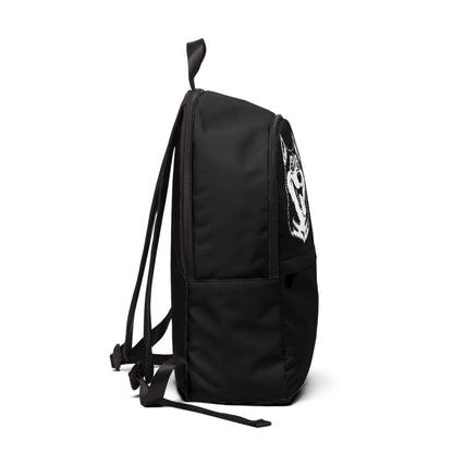 Black backpack with a logo on the side against a white background