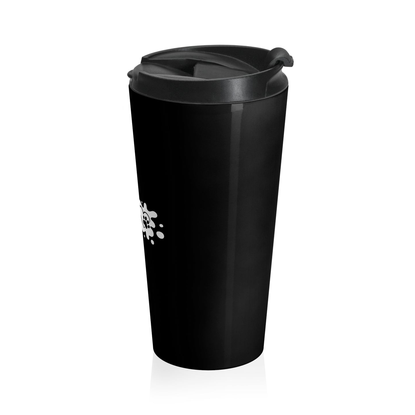 Black travel mug with a white logo on a white background