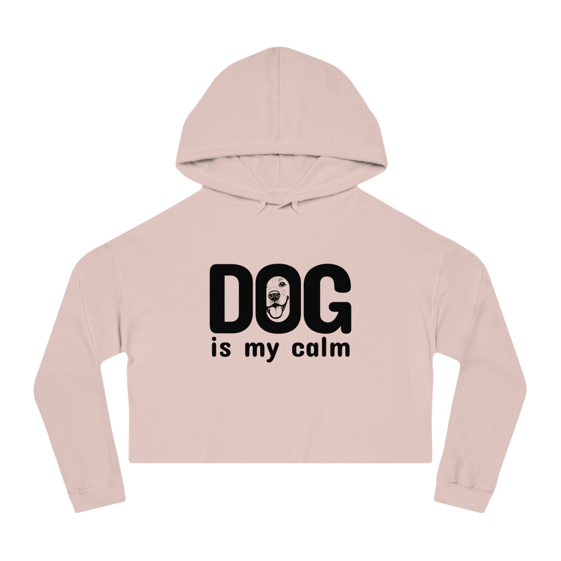 Pink cropped hoodie with 'DOG is my calm' text on a white background