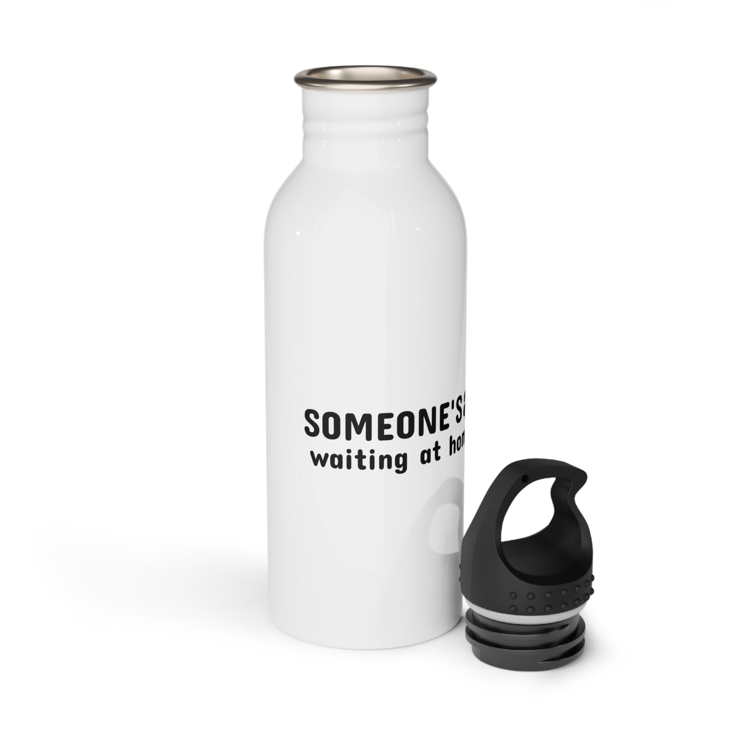 White water bottle with black text and black cap on a white background