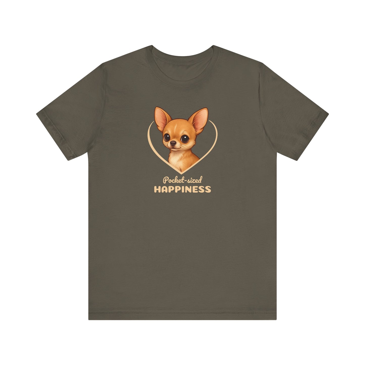 Brown t-shirt with a dog illustration and 'Pocket-sized Happiness' text on a white background