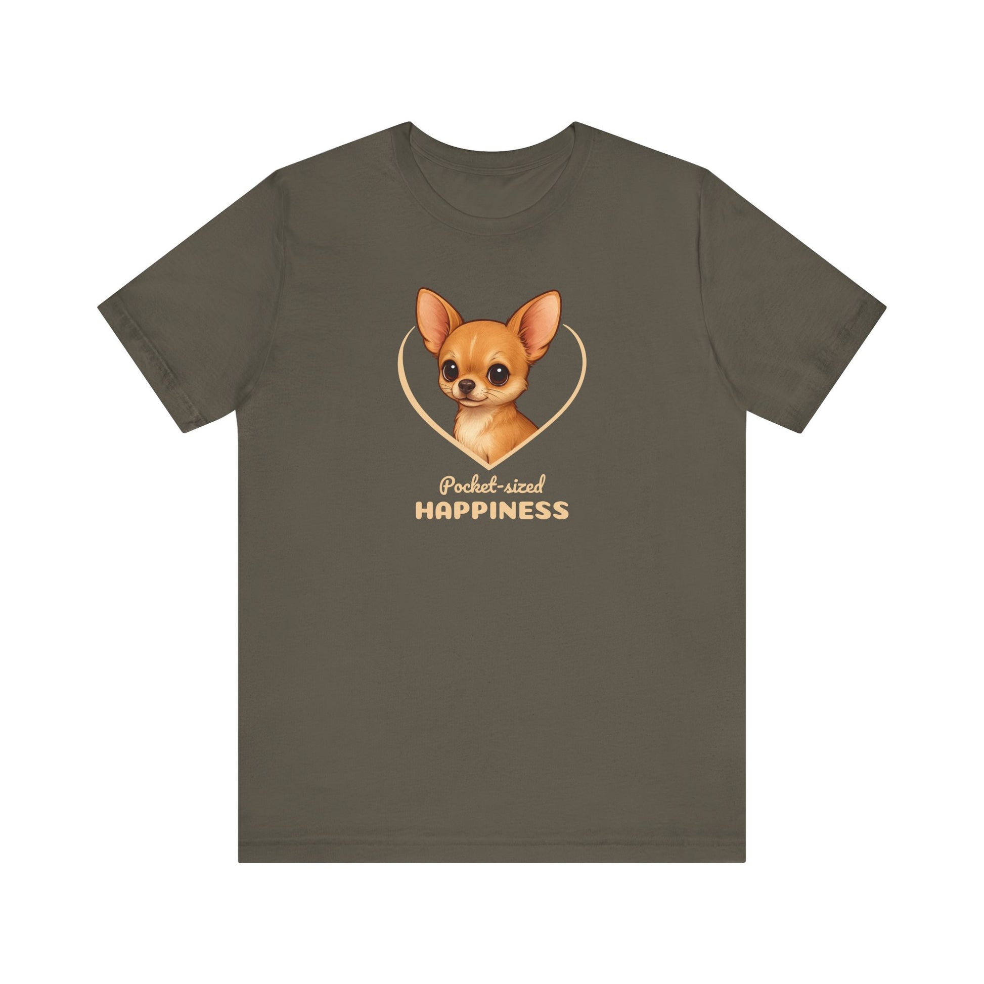 Brown t-shirt with a dog illustration and 'Pocket-sized Happiness' text on a white background