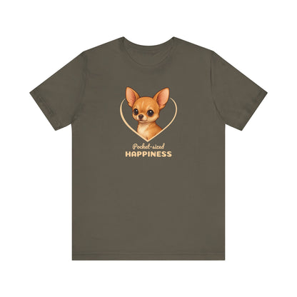 Brown t-shirt with a dog illustration and 'Pocket-sized Happiness' text on a white background