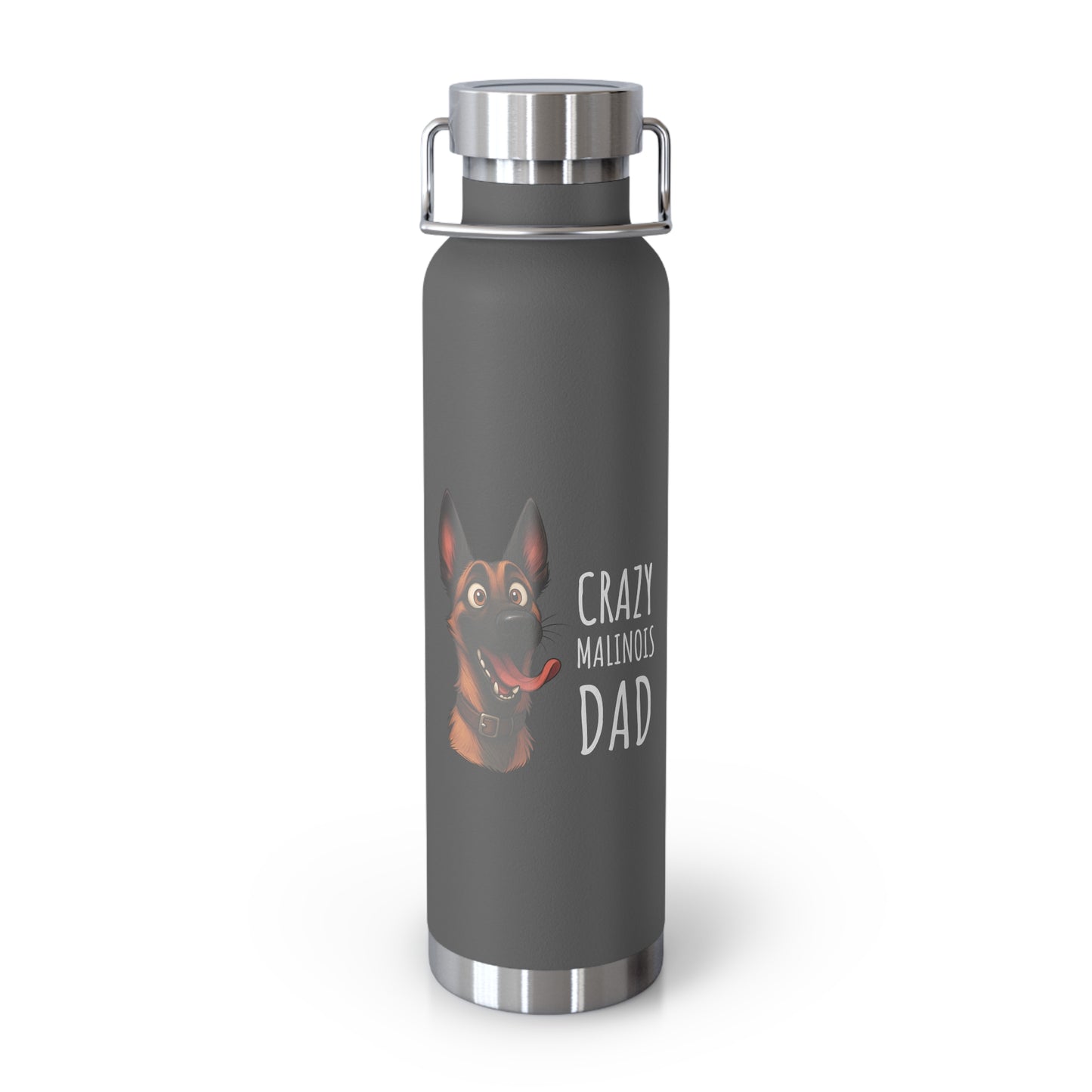 Gray water bottle with a dog illustration and text on a white background