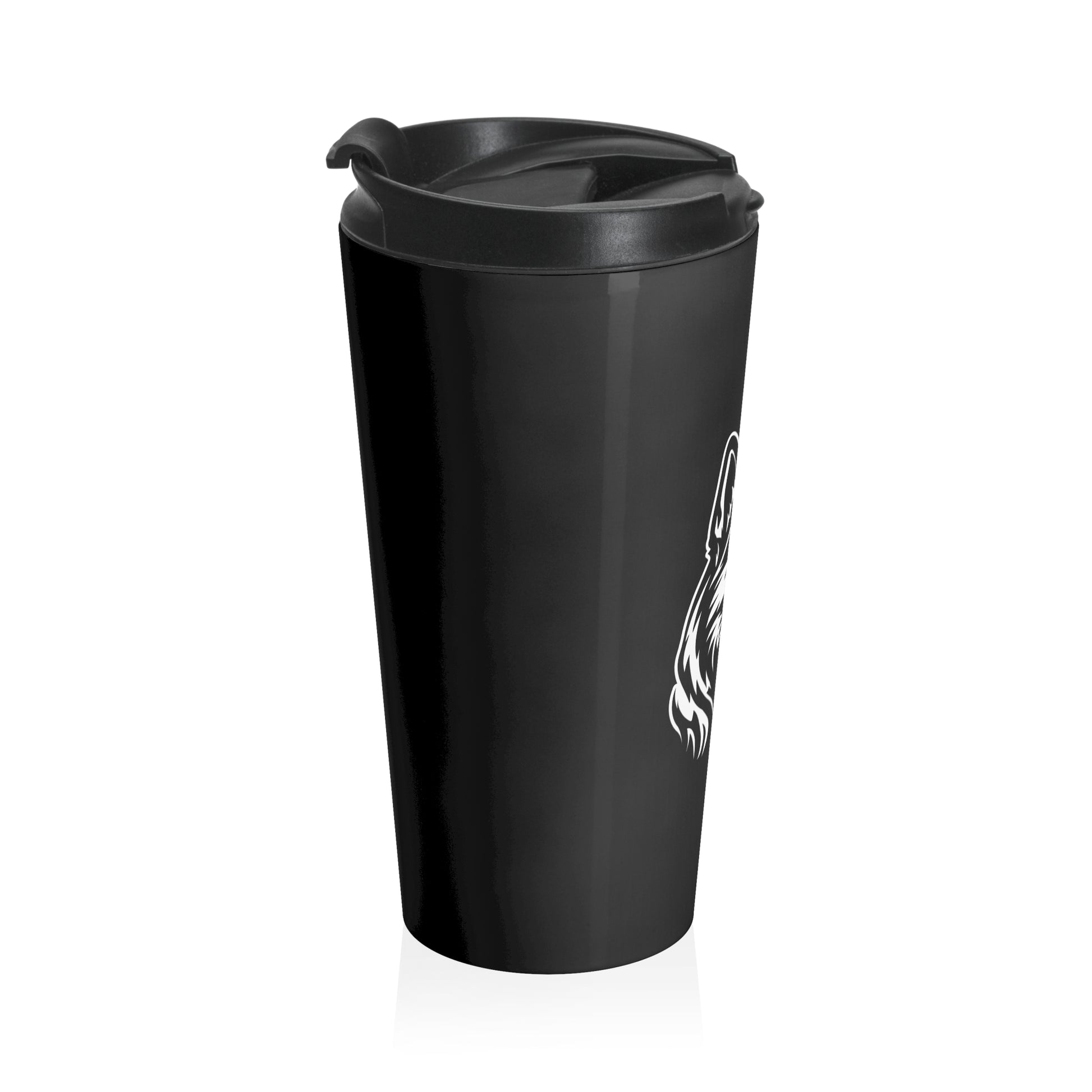 Black travel mug with a logo on a white background