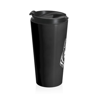 Black travel mug with a logo on a white background