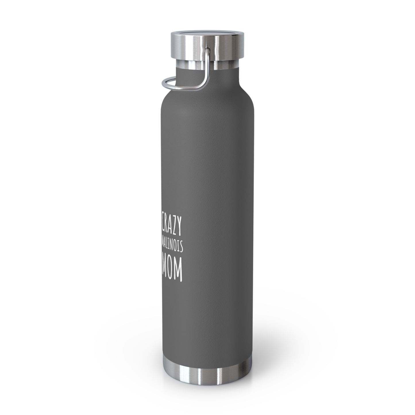 Gray water bottle with silver cap on a white background