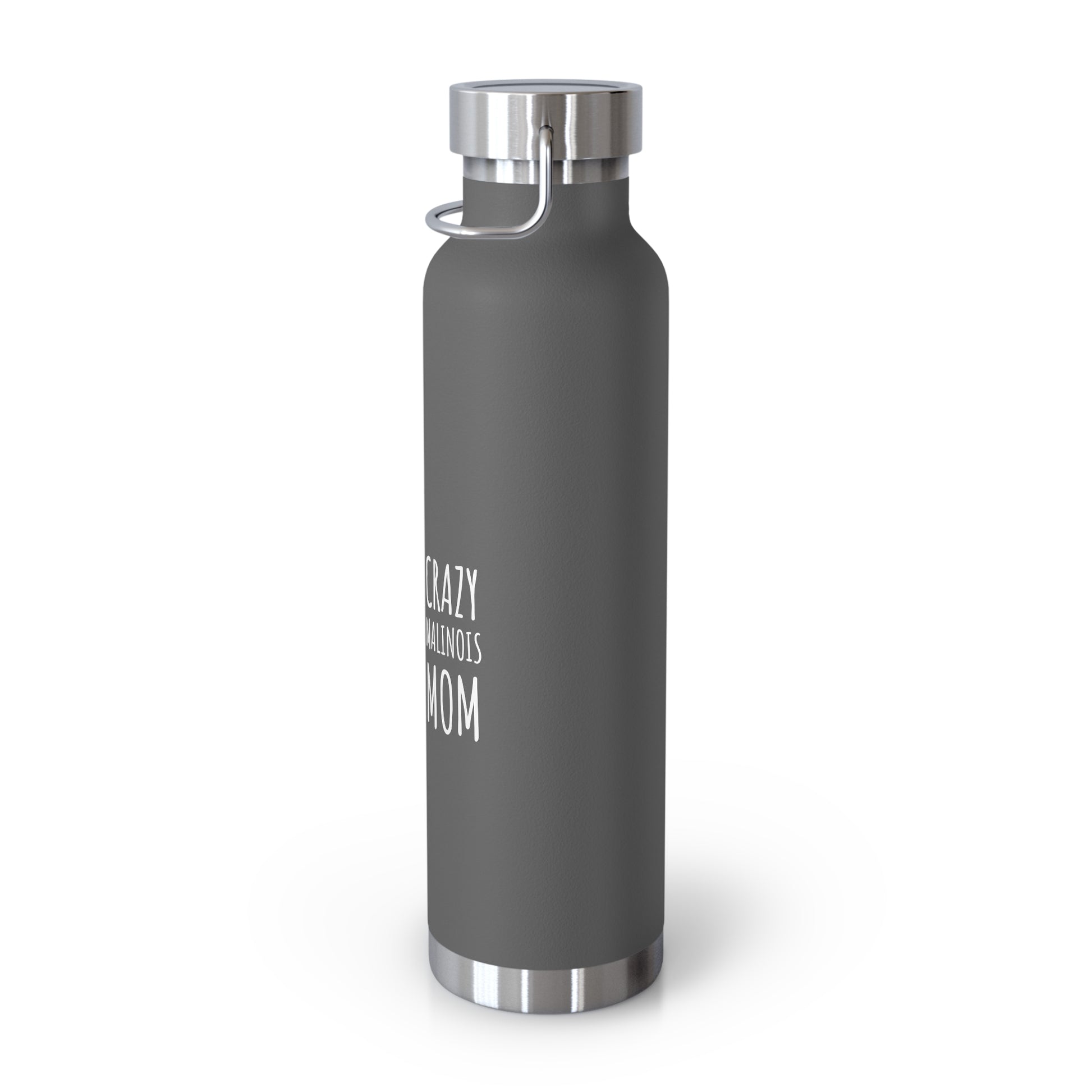 Gray water bottle with silver cap on a white background