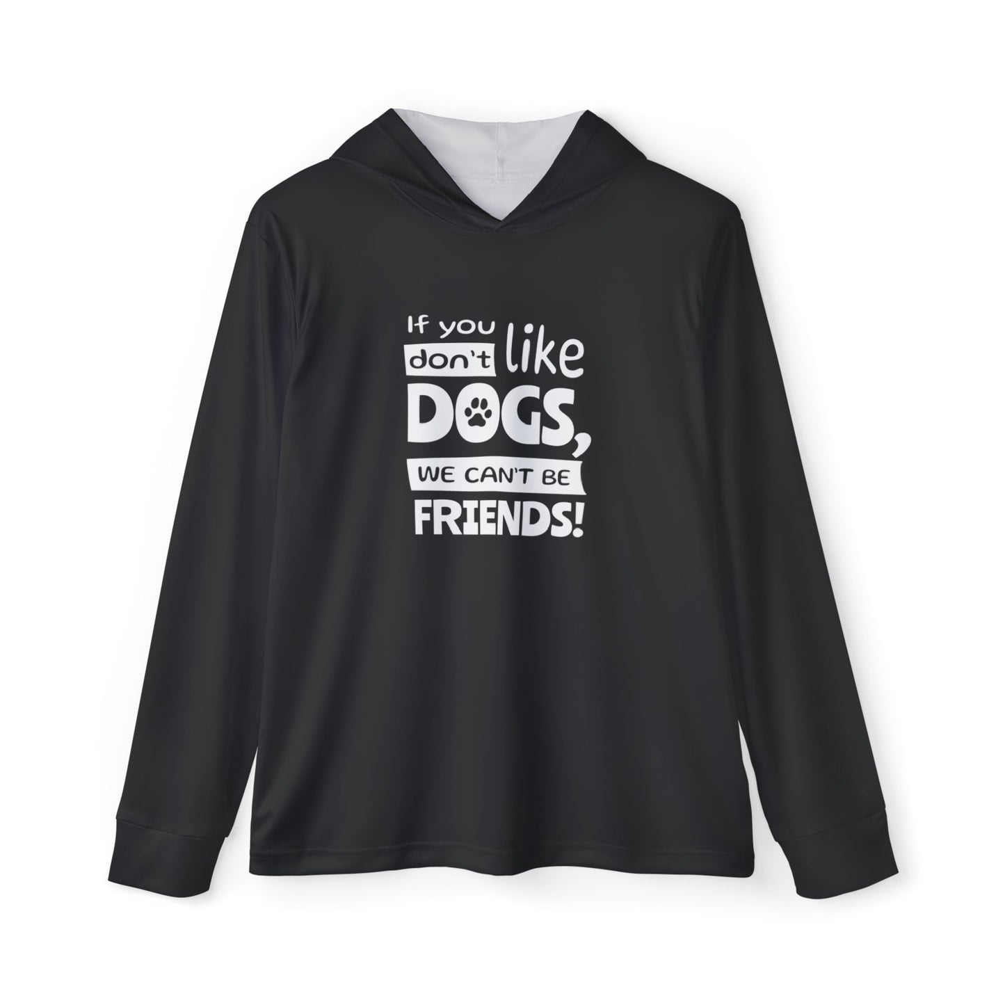 Black hoodie with white text on a white background