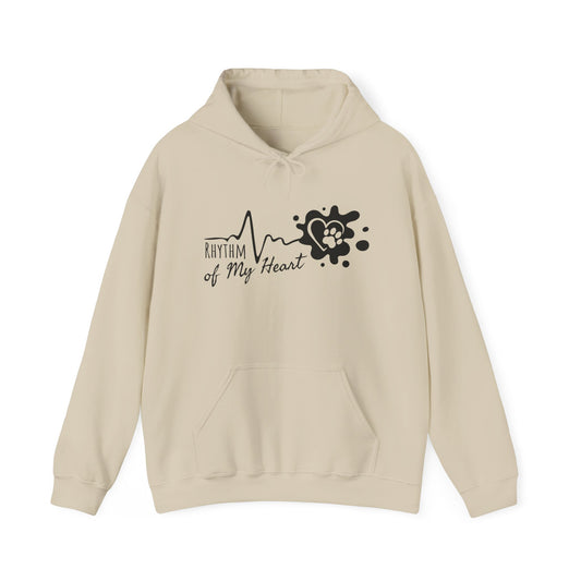 Beige hoodie with 'Rhythm of My Heart' design on a white background