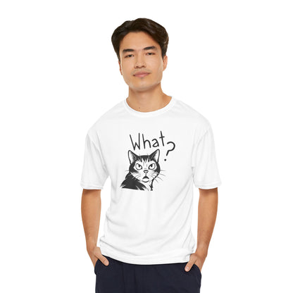 Man wearing a white t-shirt with a cat graphic and 'What?' text on a white background