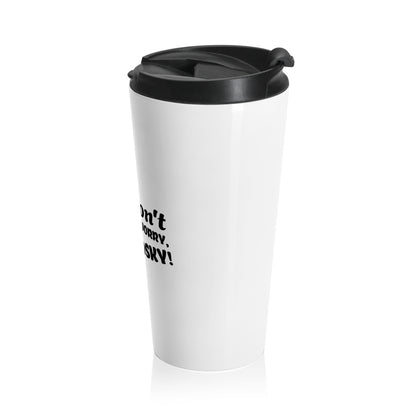 White travel mug with black lid and text on a white background
