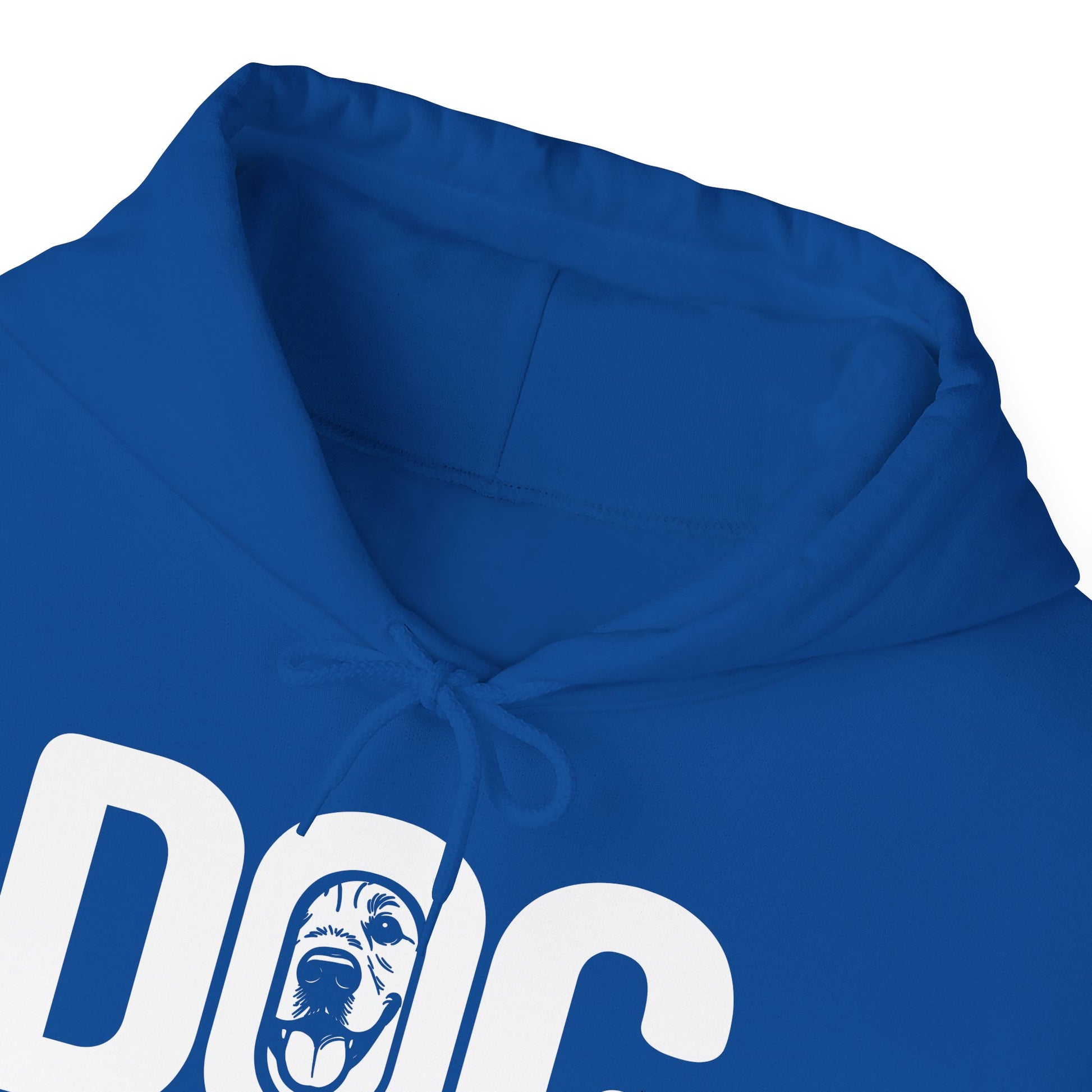 Blue hoodie with white text and graphic on a white background