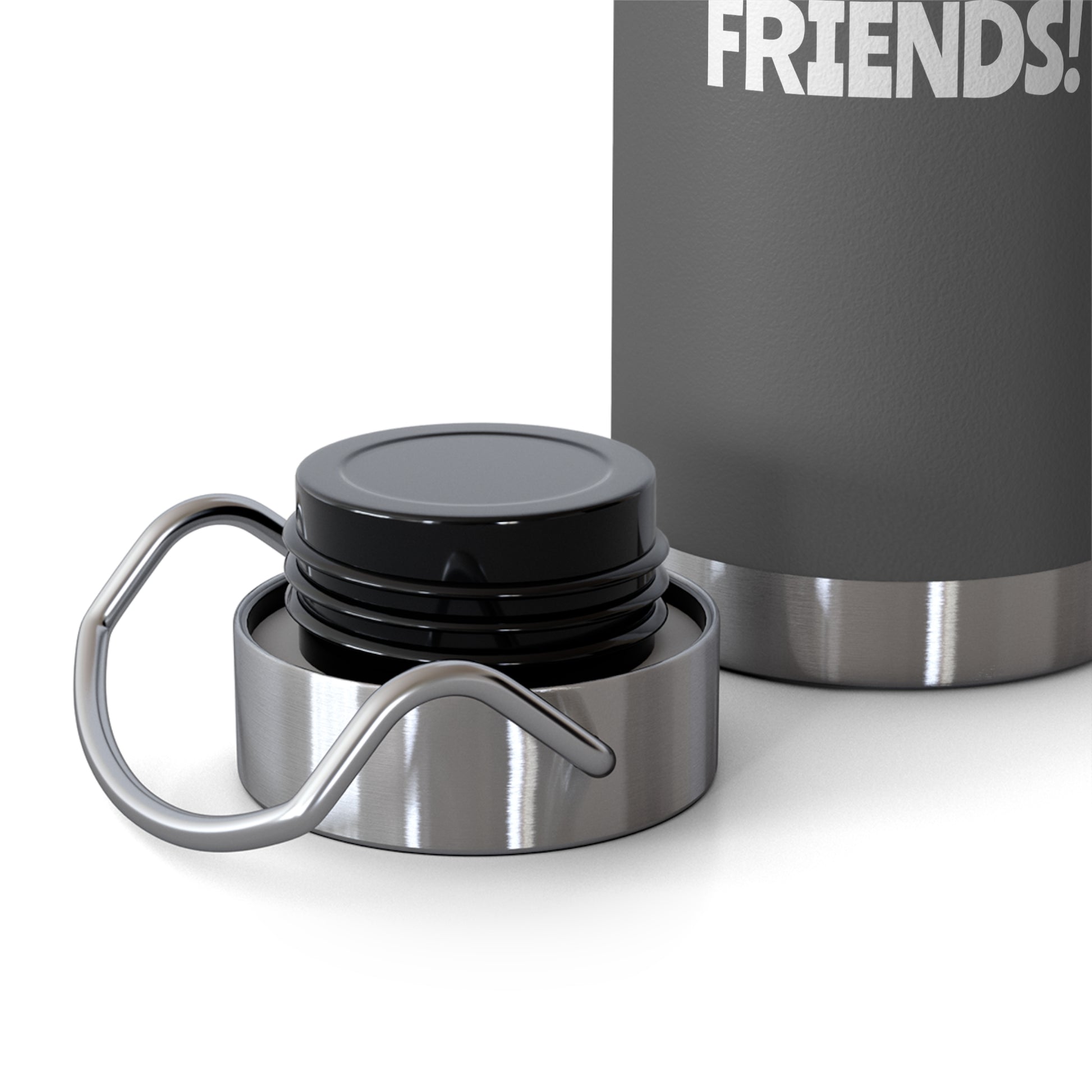 Stainless steel water bottle with black cap on a white background