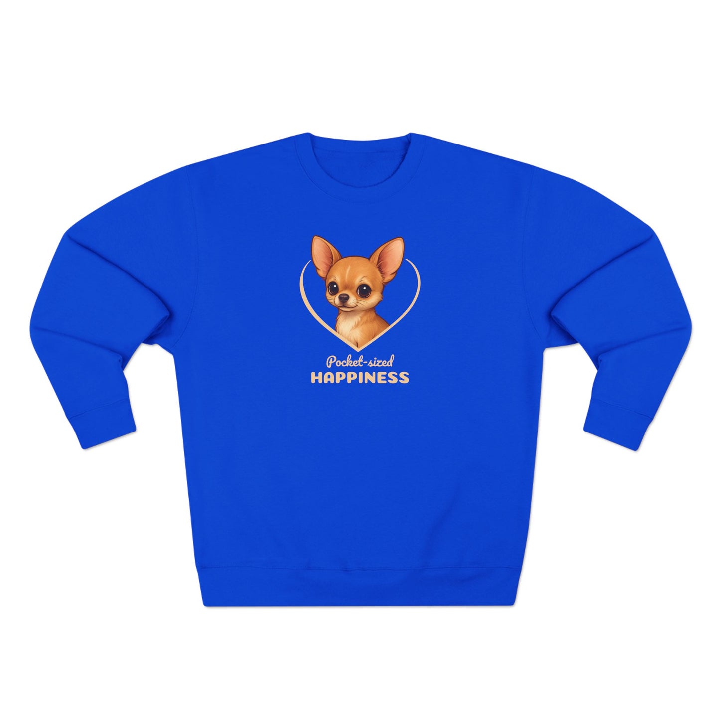 Blue sweatshirt with a chihuahua graphic and text on a white background