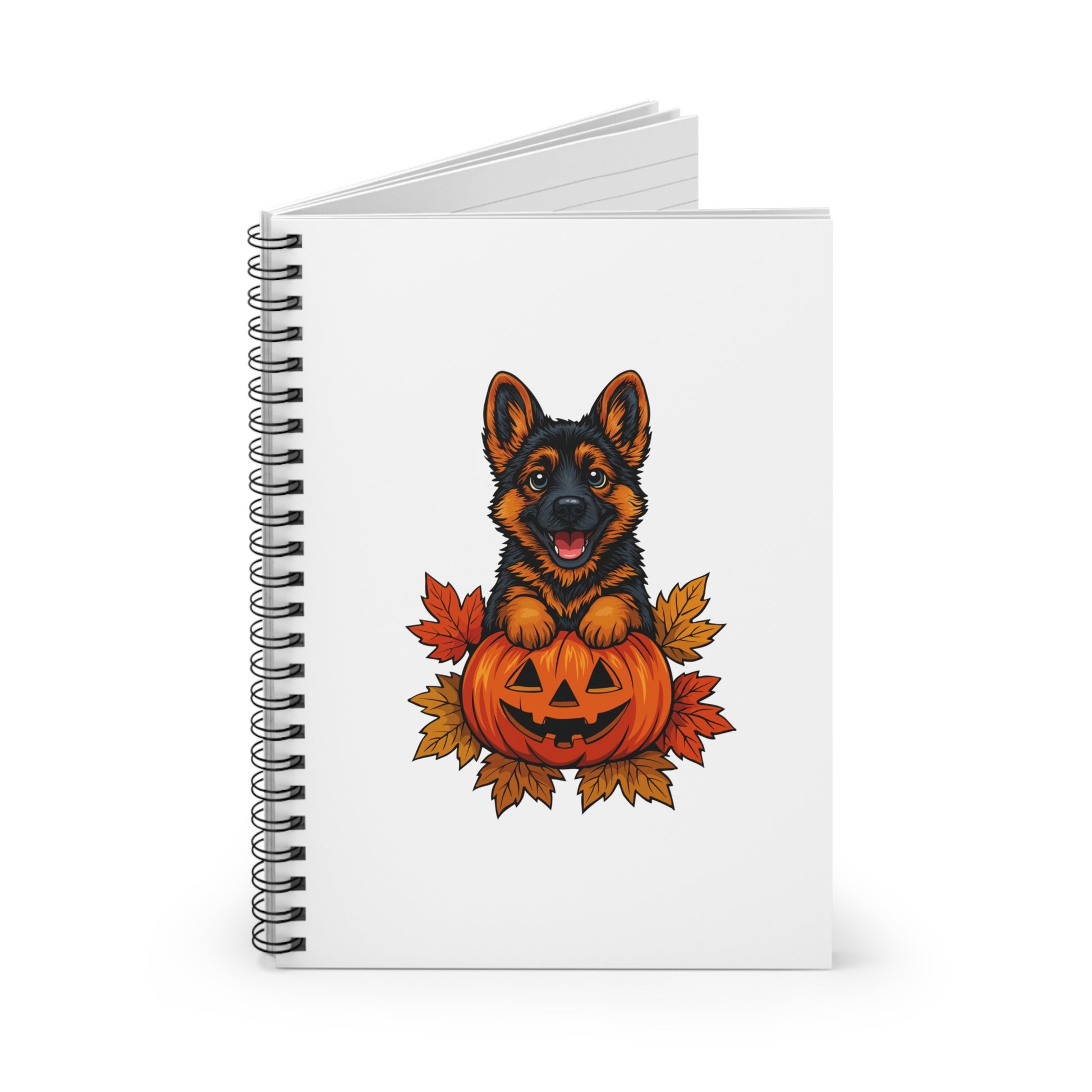 Notebook with a Halloween design of a dog in a pumpkin surrounded by leaves on a white background