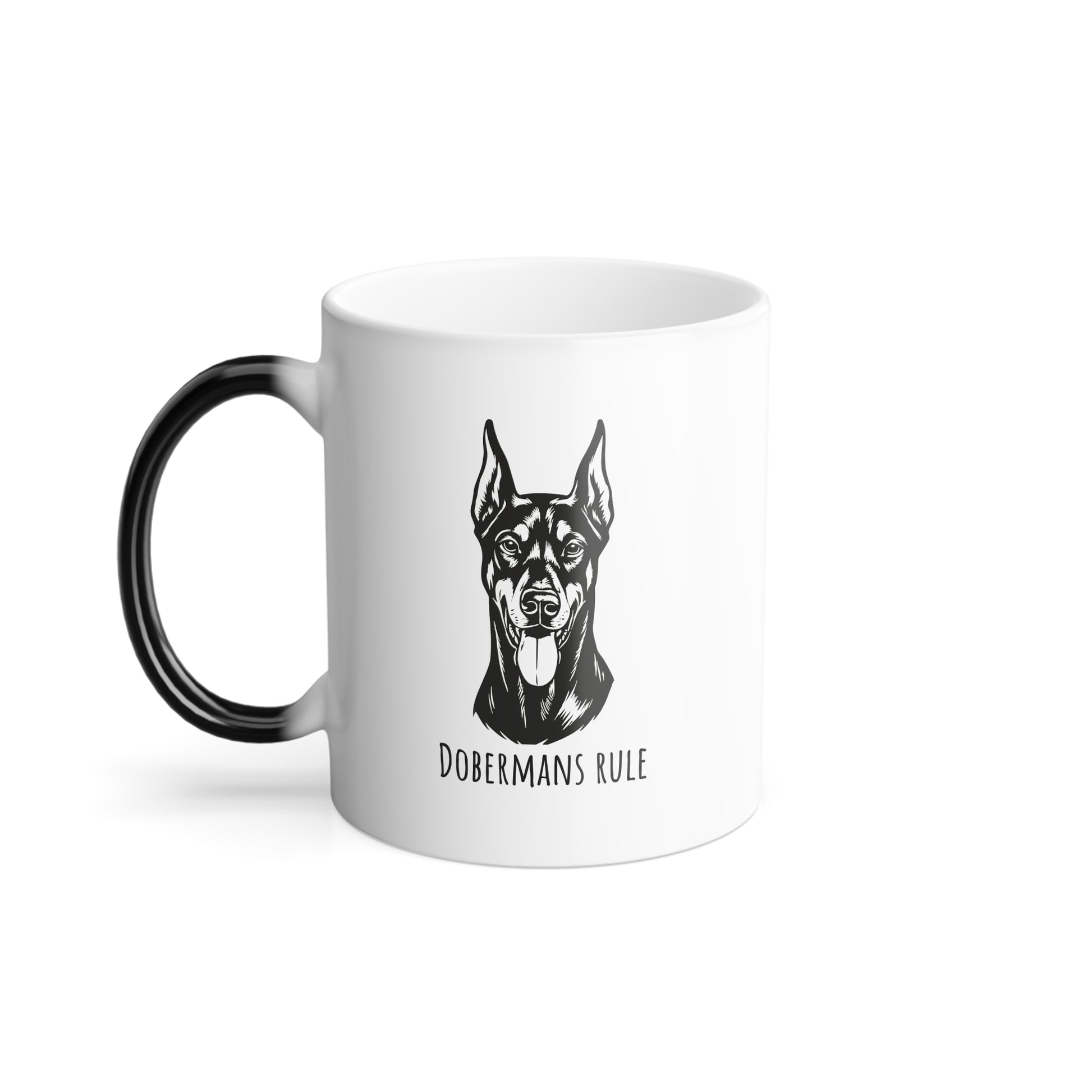 White mug with black handle featuring a doberman illustration and 'Dobermans Rule' text on a white background.