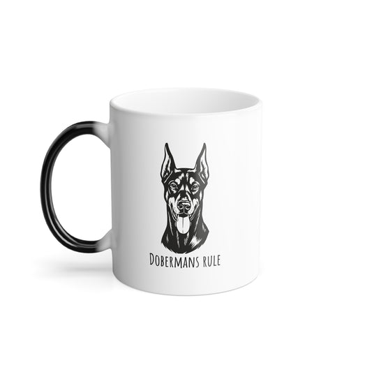 White mug with black handle featuring a doberman illustration and 'Dobermans Rule' text on a white background.