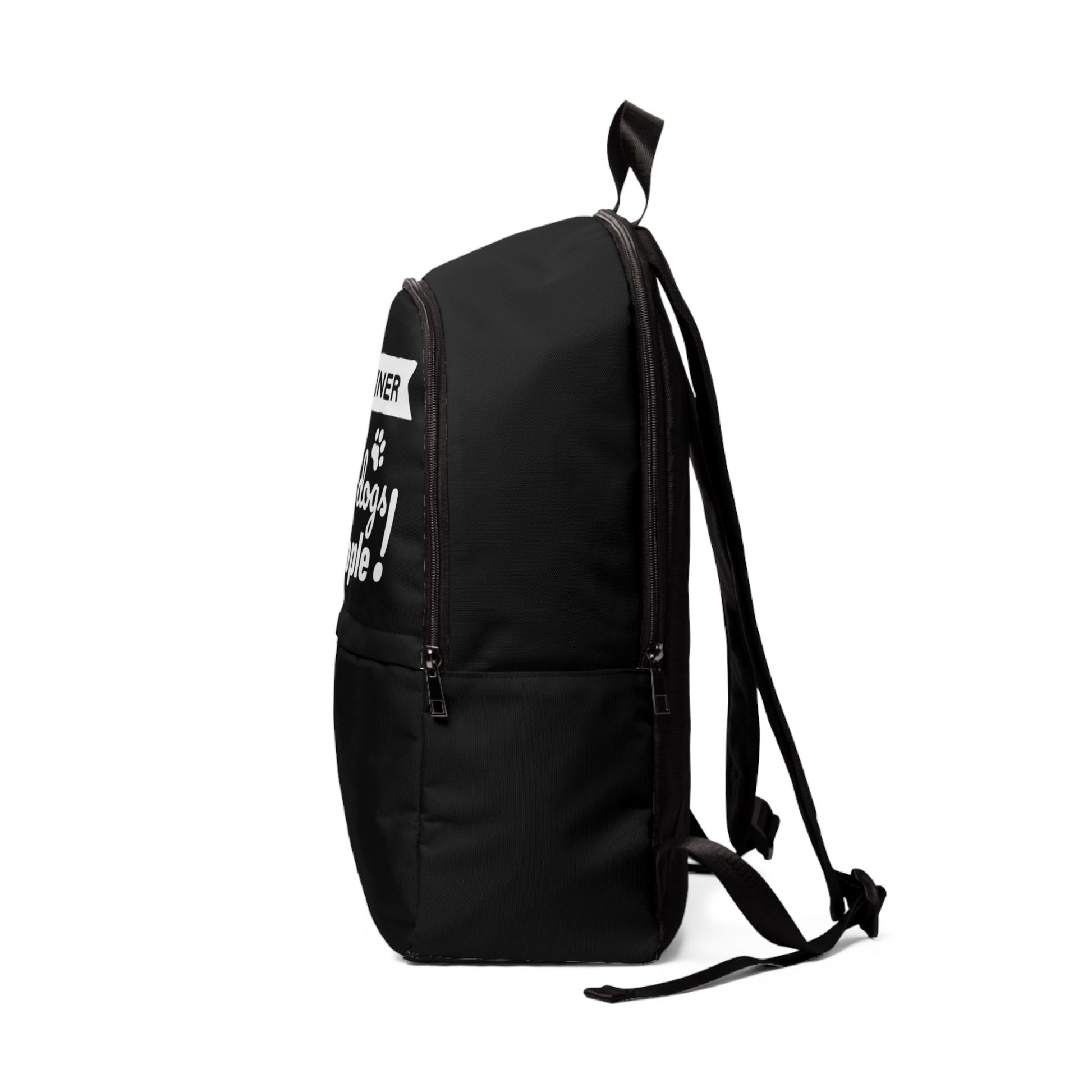 Black backpack with visible branding on a white background