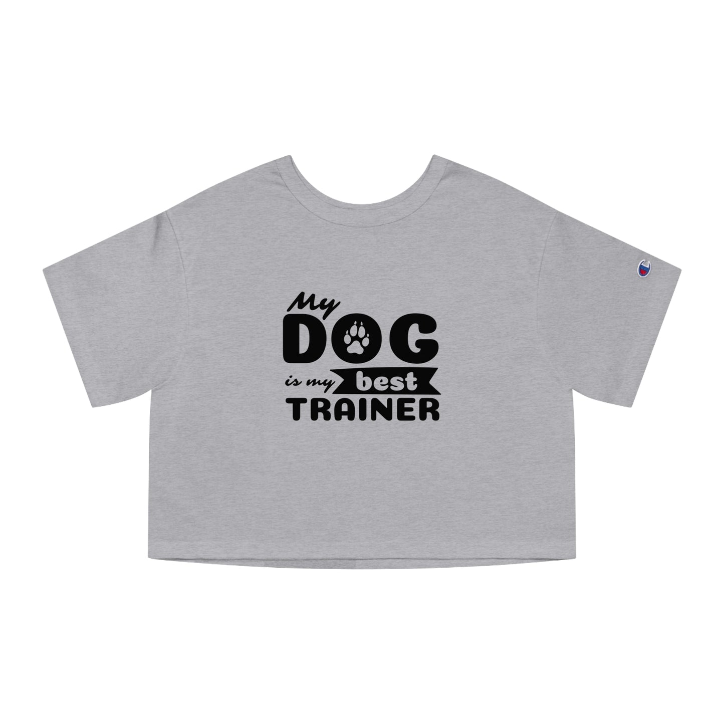 Gray t-shirt with 'My dog is my best trainer' text on a white background