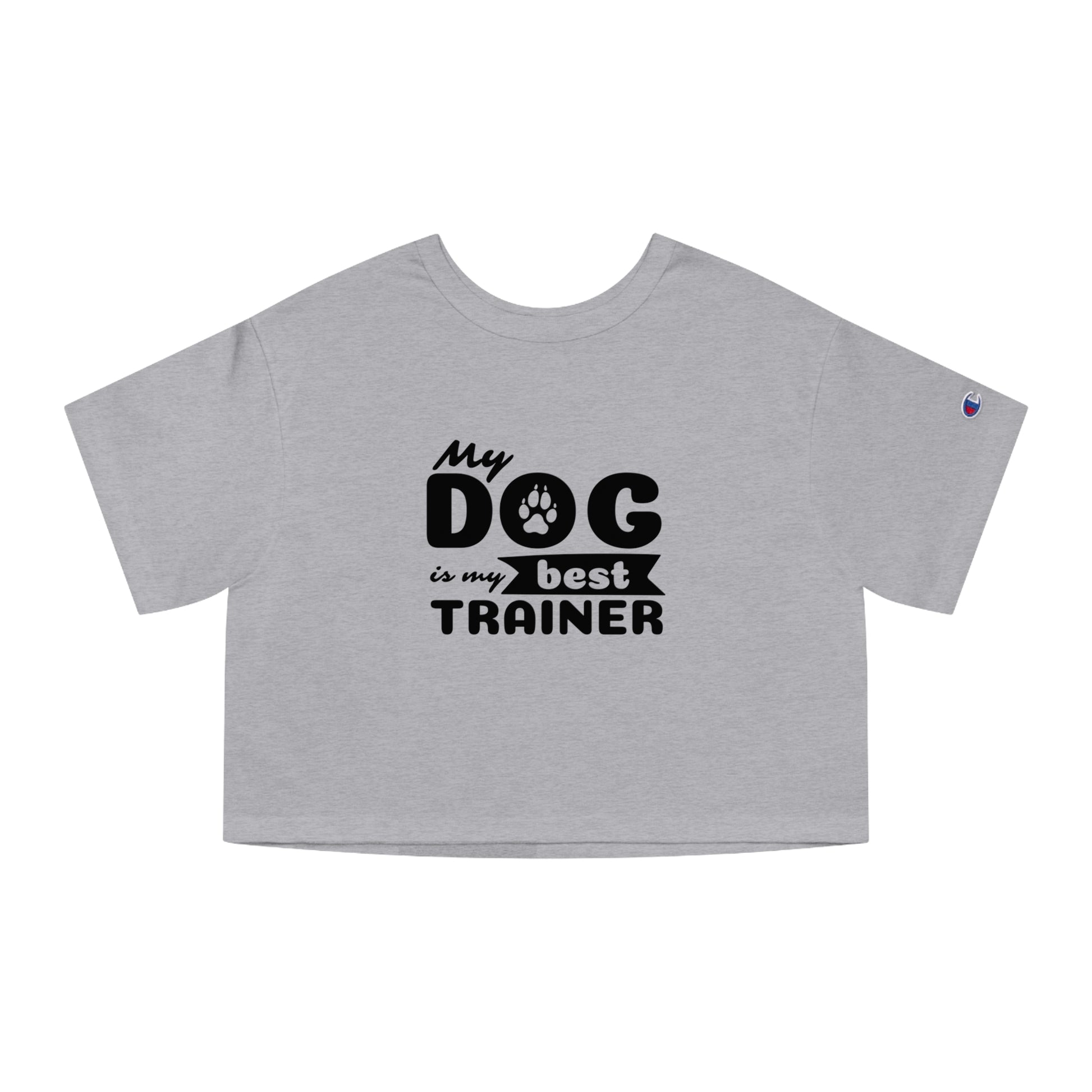 Gray t-shirt with 'My dog is my best trainer' text on a white background