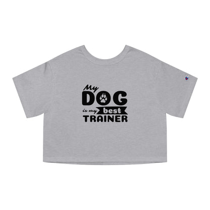 Gray t-shirt with 'My dog is my best trainer' text on a white background