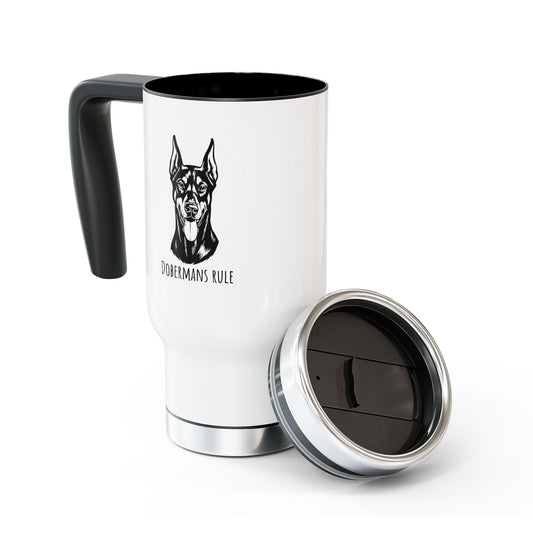 White travel mug with black handle and lid, featuring a dog illustration and 'Dobermans Rule' text on a white background.