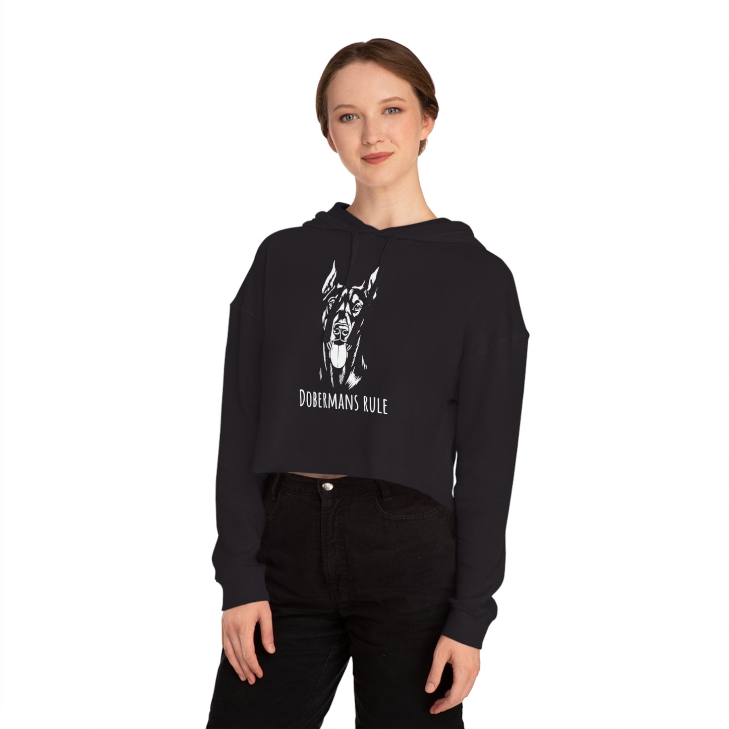 Person wearing a black hoodie with a dog graphic and text on a white background