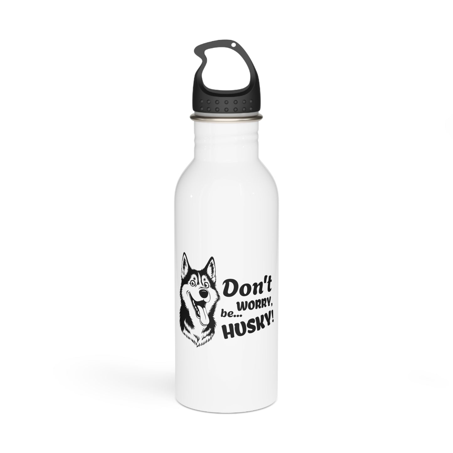 White water bottle with husky design and text on a white background