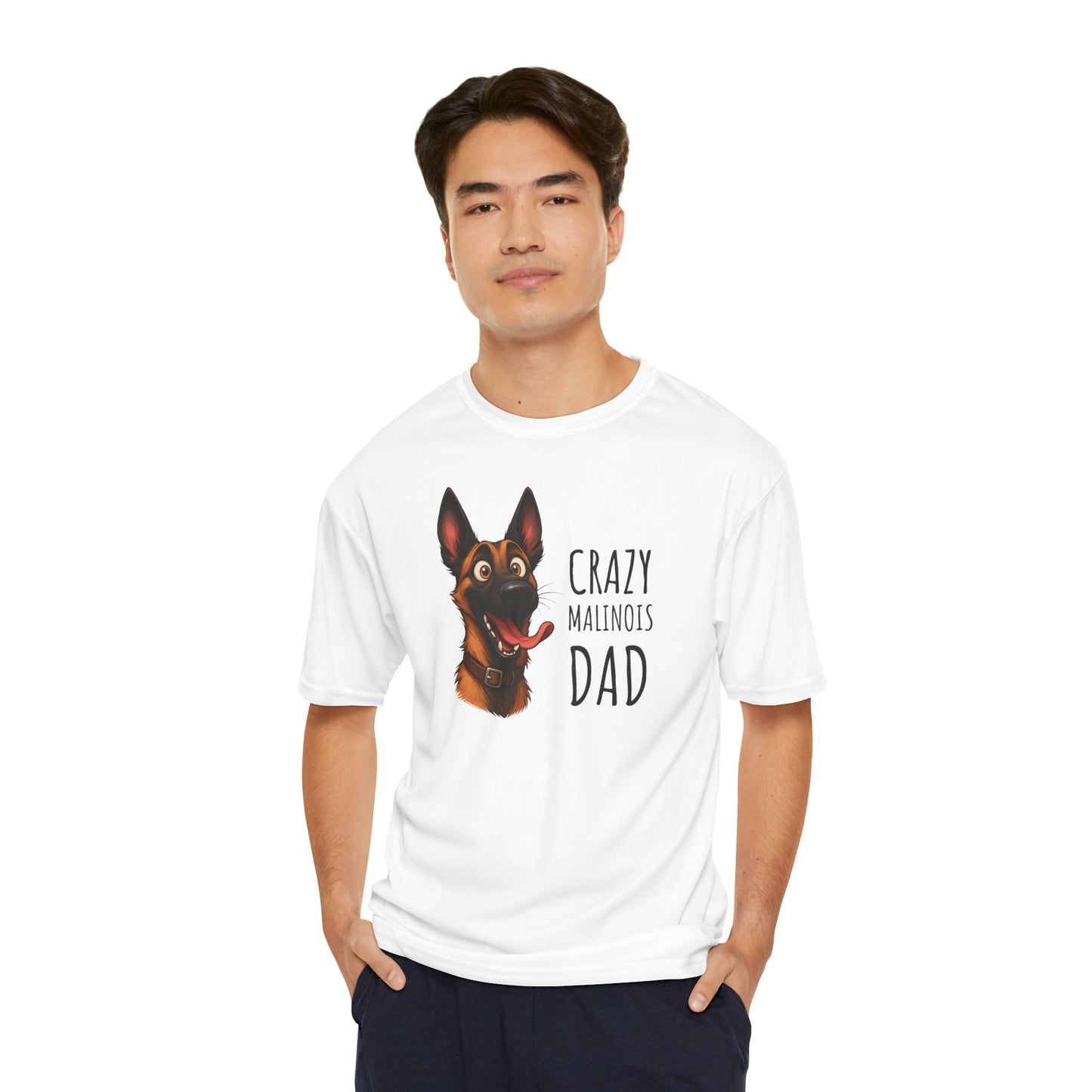 Man wearing a white t-shirt with a dog graphic and text on a white background