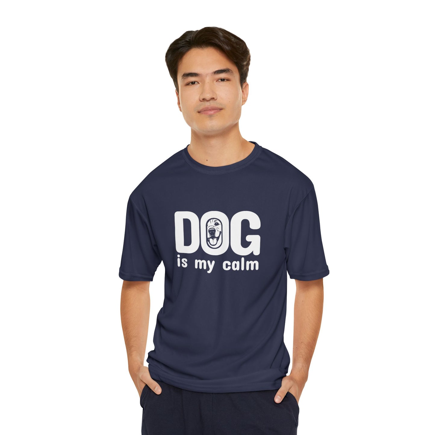 Man wearing a navy blue t-shirt with 'DOG is my calm' text on a white background