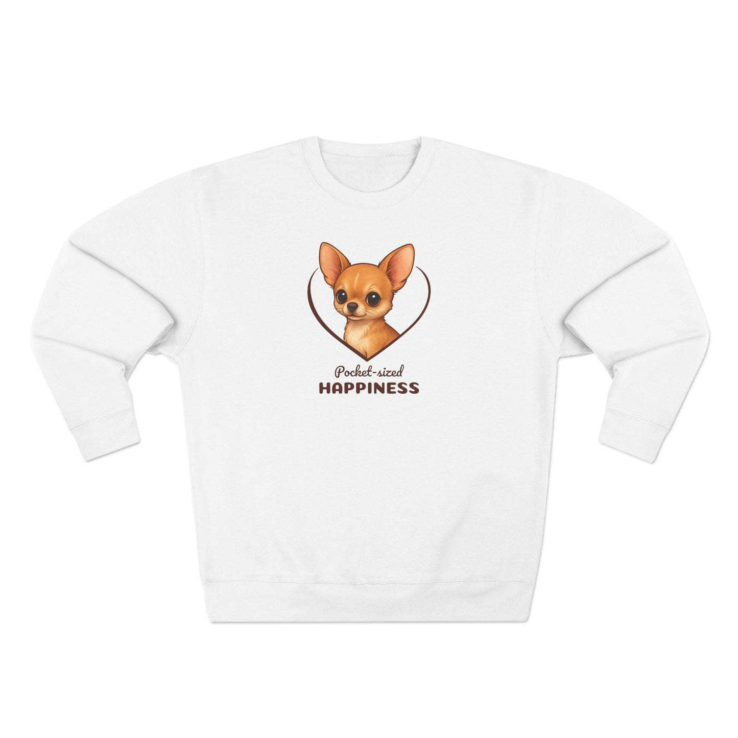 White sweatshirt with a dog graphic and text on a white background