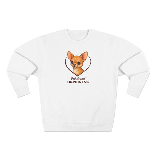 White sweatshirt with a dog graphic and text on a white background