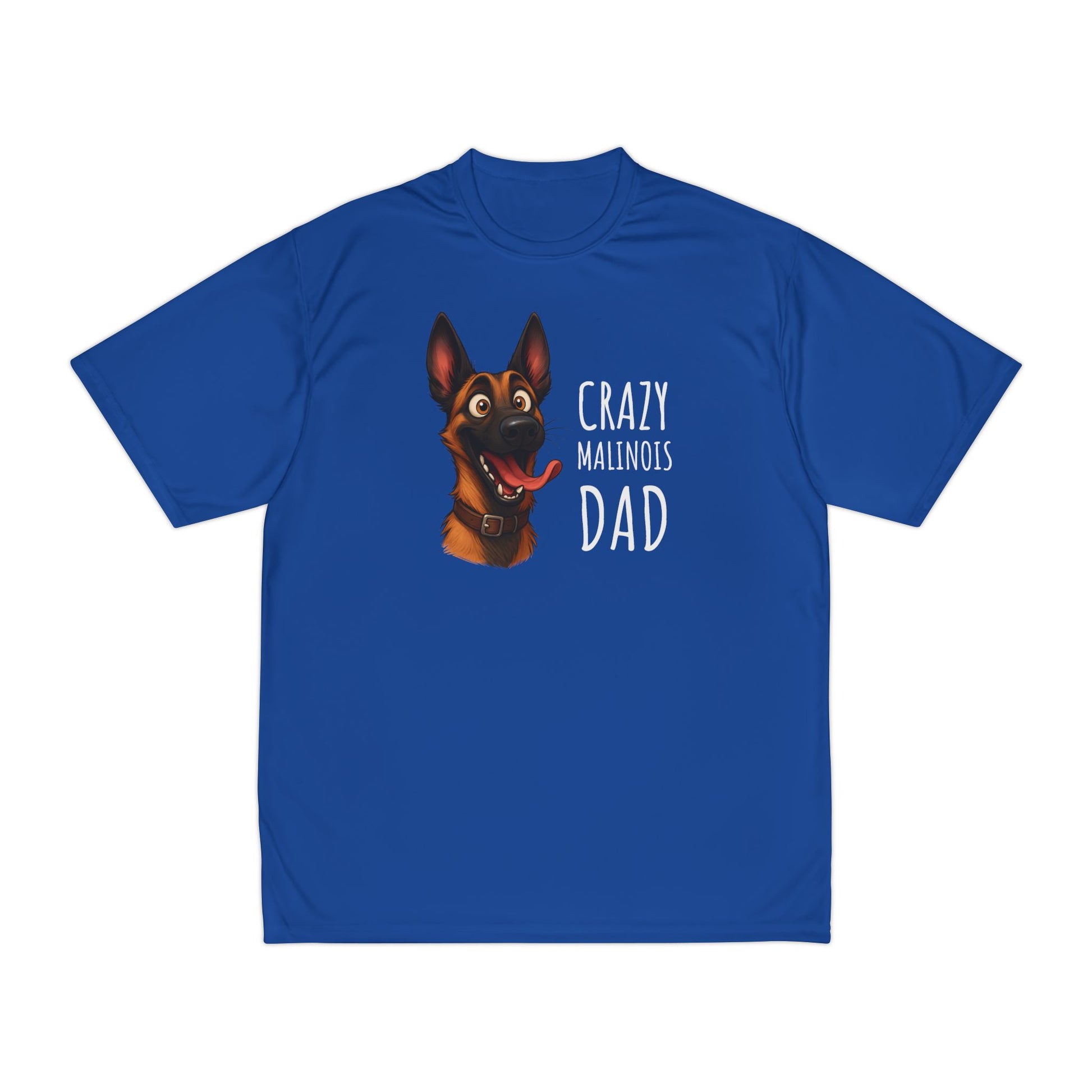 Blue t-shirt with a dog graphic and text 'Crazy Malinois Dad' on a white background