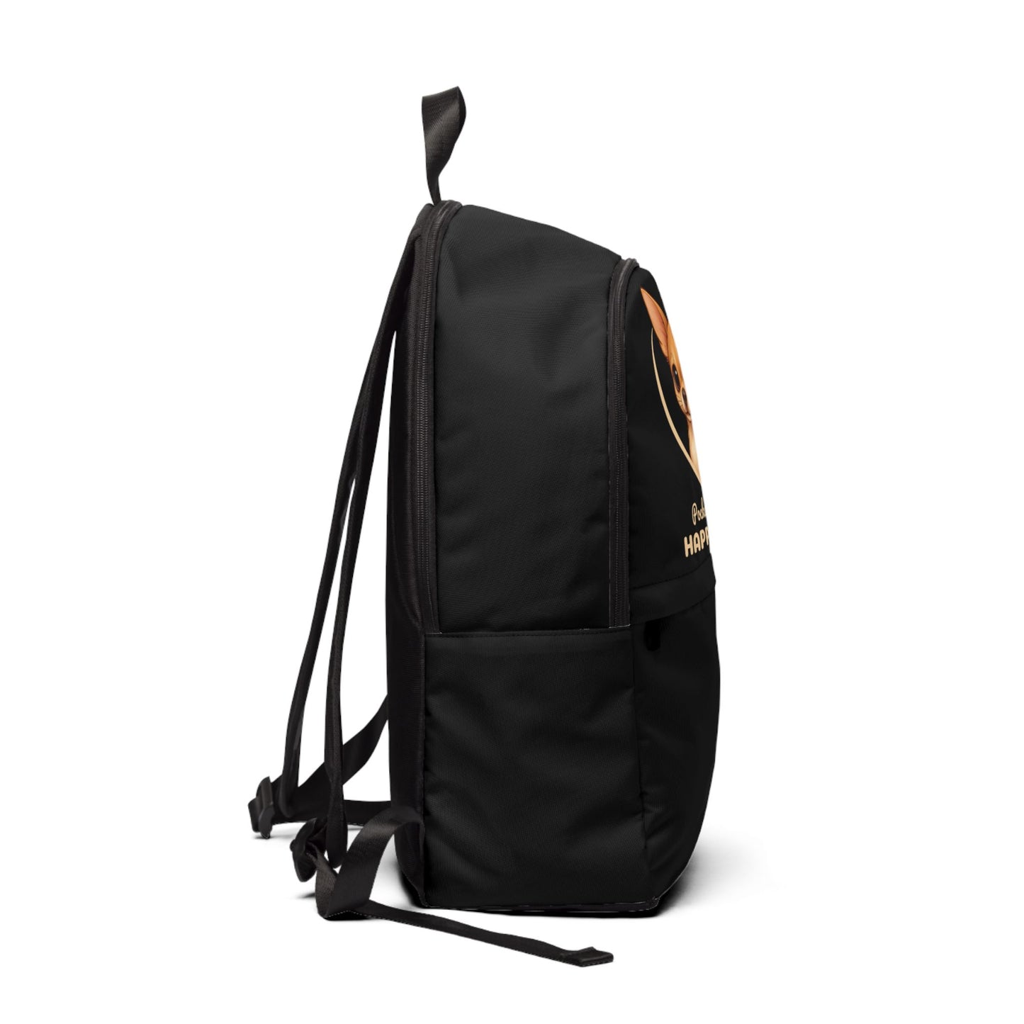 Black backpack with a visible brand logo on a white background