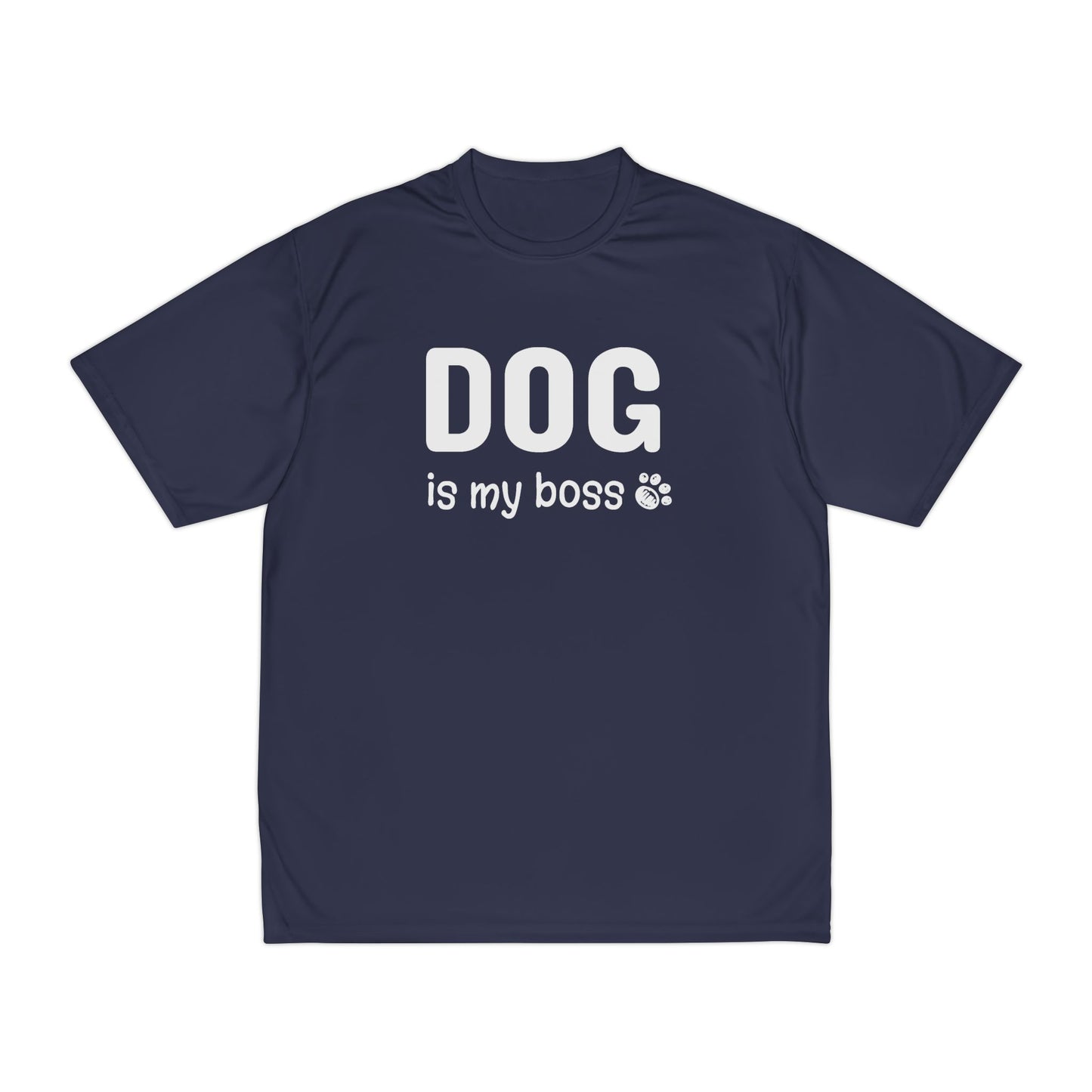 Navy blue t-shirt with 'DOG is my boss' text on a white background