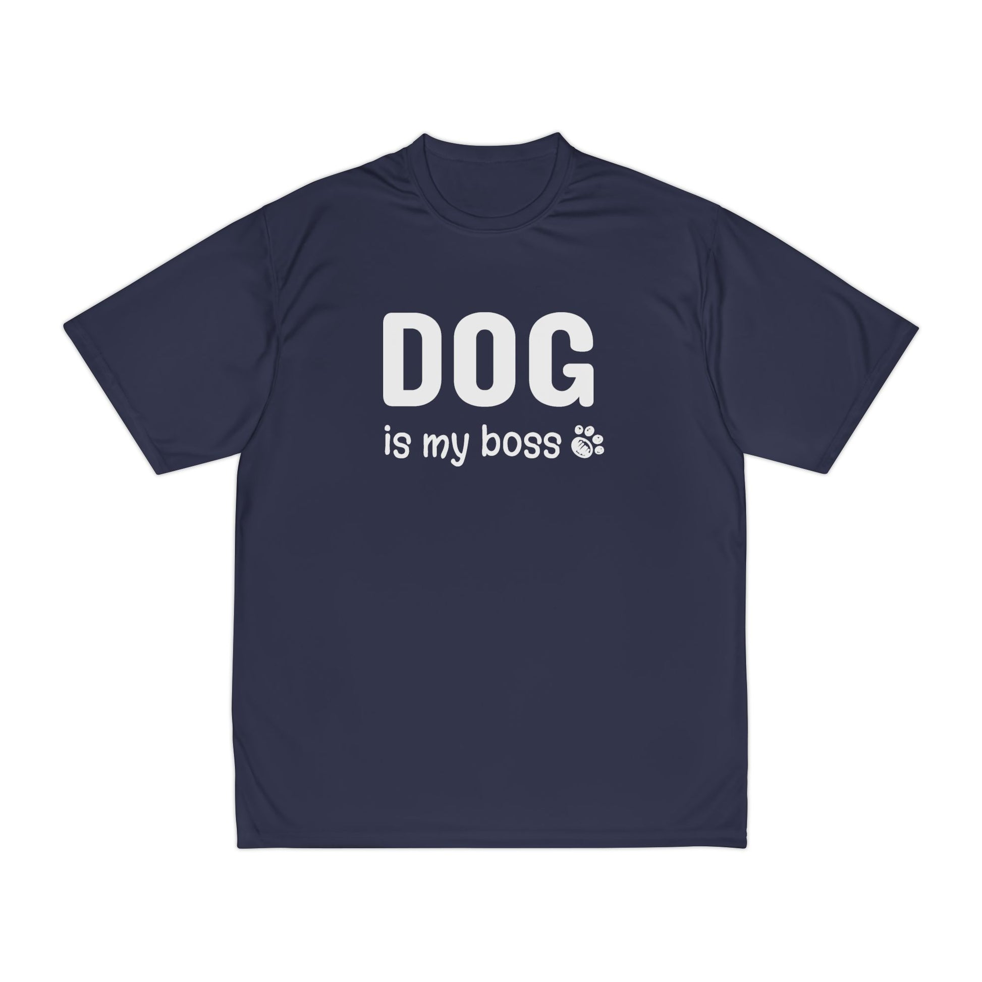 Navy blue t-shirt with 'DOG is my boss' text on a white background
