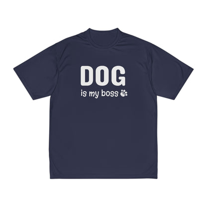 Navy blue t-shirt with 'DOG is my boss' text on a white background