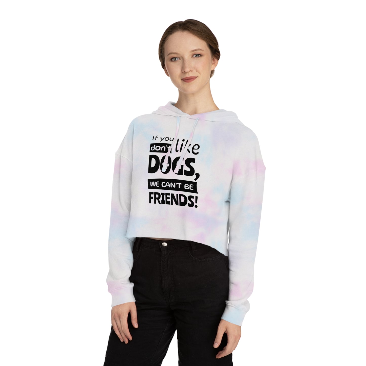 Person wearing a tie-dye hoodie with text design on a white background