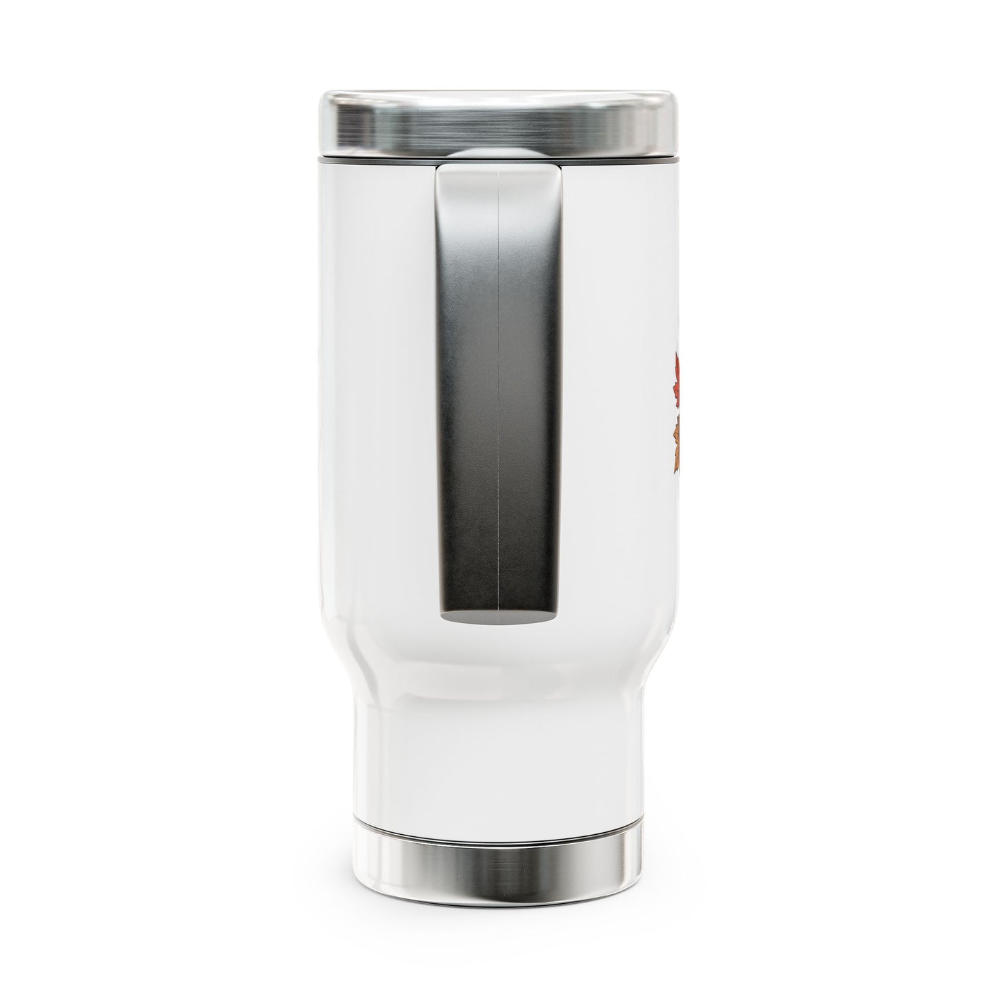 White tumbler with silver lid on a white background
