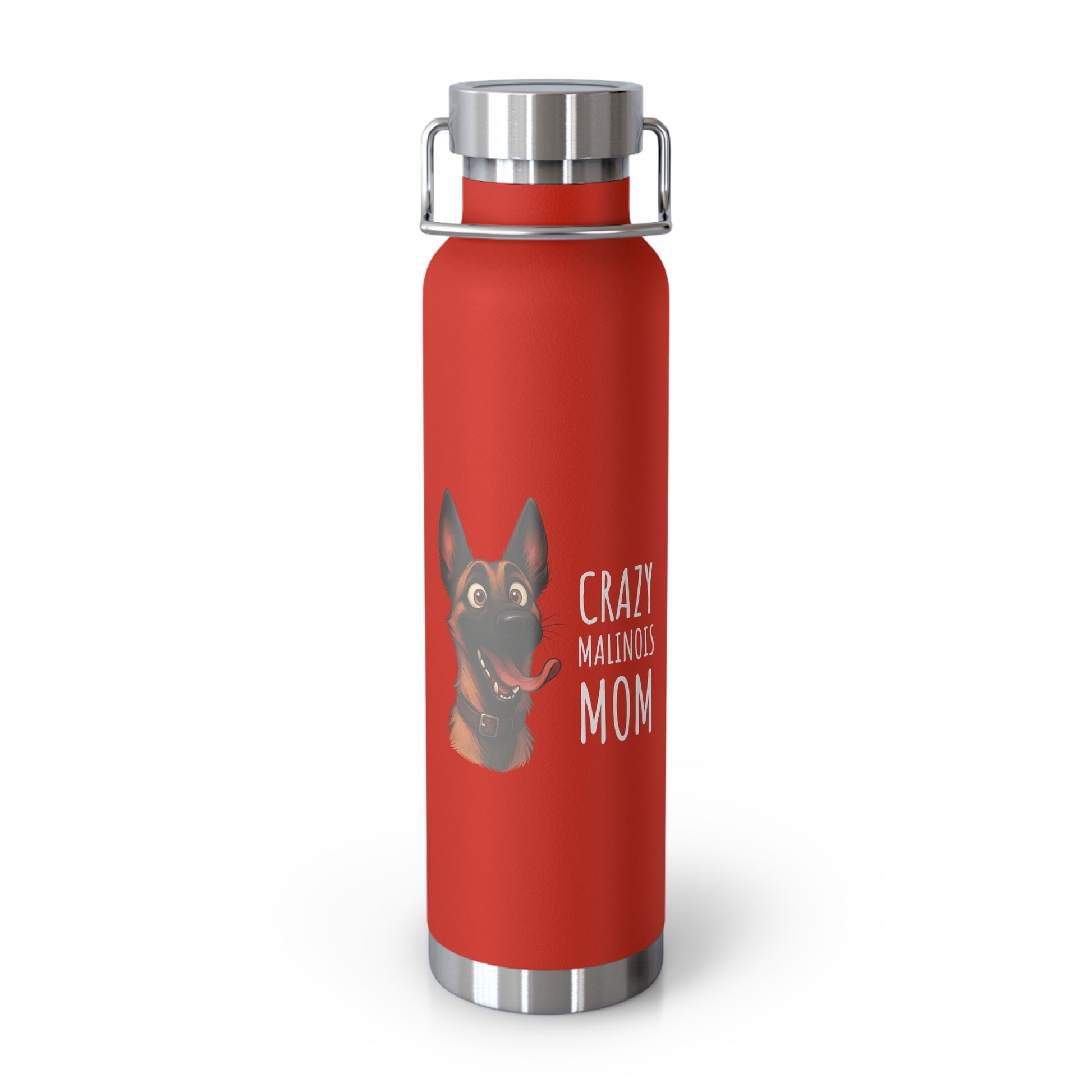 Red water bottle with a dog illustration and text on a white background