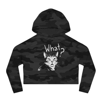 Black camouflage hoodie with a cat graphic and 'What?' text on a white background