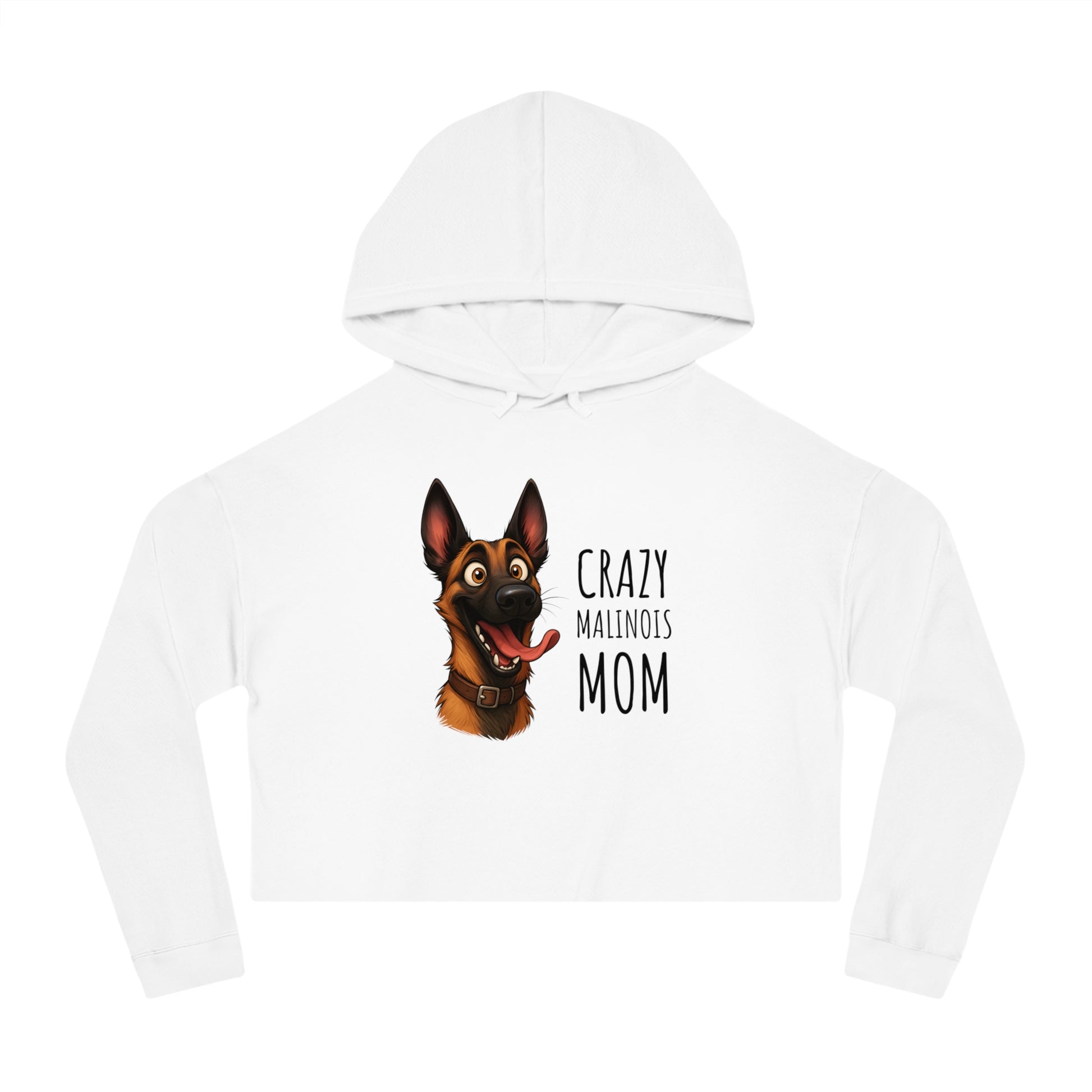 White hoodie with a dog graphic and text on a white background