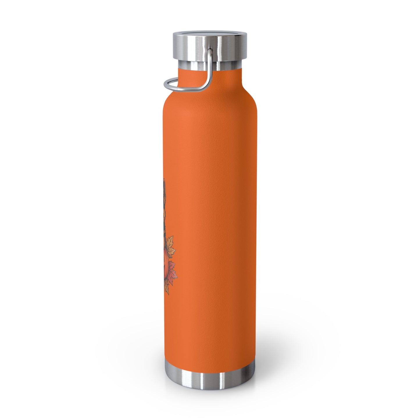 Orange water bottle with silver cap on a white background