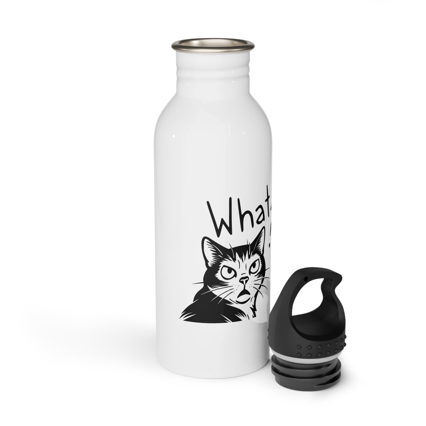 White water bottle with a cat illustration and 'What?' text on a white background